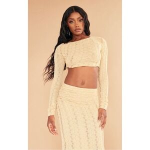 PrettyLittleThing Knit Crop Top‎ & Skirt Set Ruched Bodycon Beige Size 6 NWT